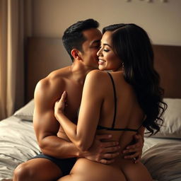 A romantic scene featuring a handsome 39-year-old Indonesian man with an athletic build, hugging a beautiful 28-year-old woman with a curvy body from behind