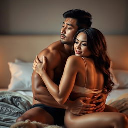 A romantic scene featuring a handsome 39-year-old Indonesian man with an athletic build, hugging a beautiful 28-year-old woman with a curvy body from behind