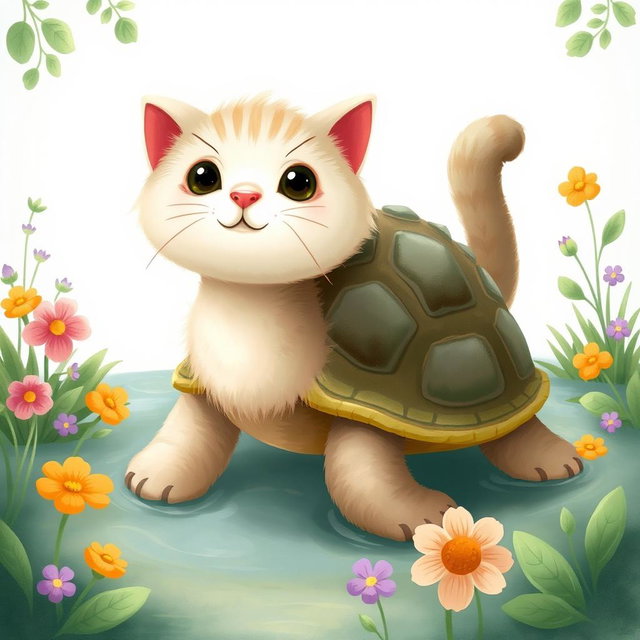 A whimsical illustration of a cat that has transformed into a turtle, capturing the playful merge of feline features with turtle characteristics