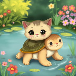 A whimsical illustration of a cat that has transformed into a turtle, capturing the playful merge of feline features with turtle characteristics