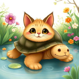 A whimsical illustration of a cat that has transformed into a turtle, capturing the playful merge of feline features with turtle characteristics