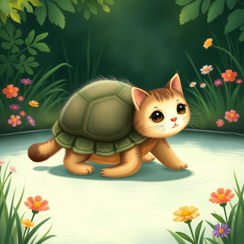 A whimsical illustration of a cat that has transformed into a turtle, capturing the playful merge of feline features with turtle characteristics