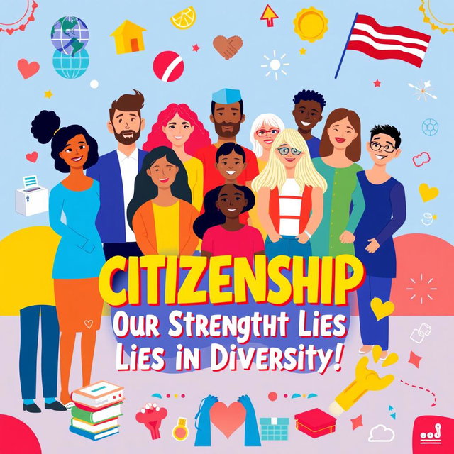 A vibrant and engaging poster about citizenship, featuring a diverse group of people from different backgrounds, cultures, and ethnicities standing together with pride