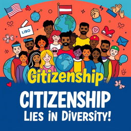 A vibrant and engaging poster about citizenship, featuring a diverse group of people from different backgrounds, cultures, and ethnicities standing together with pride