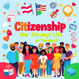 A vibrant and engaging poster about citizenship, featuring a diverse group of people from different backgrounds, cultures, and ethnicities standing together with pride