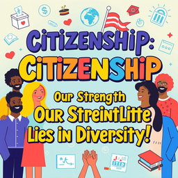A vibrant and engaging poster about citizenship, featuring a diverse group of people from different backgrounds, cultures, and ethnicities standing together with pride