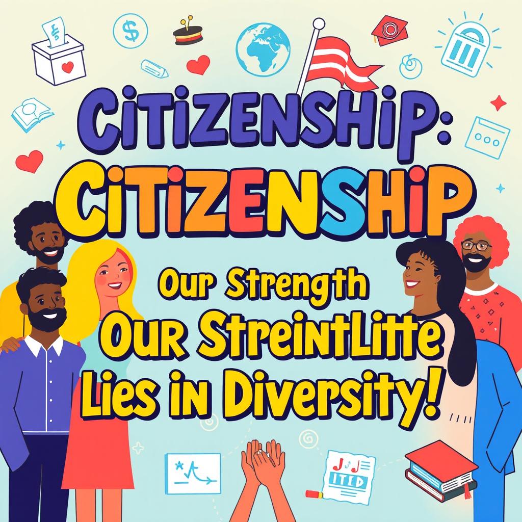 A vibrant and engaging poster about citizenship, featuring a diverse group of people from different backgrounds, cultures, and ethnicities standing together with pride