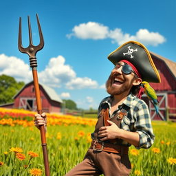 A whimsical scene of a pirate farmer laughing heartily in a sunny field