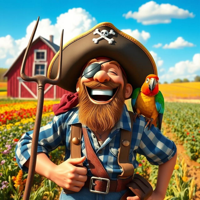 A whimsical scene of a pirate farmer laughing heartily in a sunny field