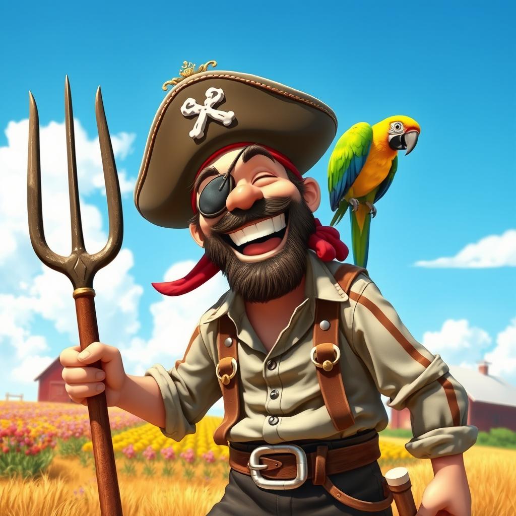 A whimsical scene of a pirate farmer laughing heartily in a sunny field