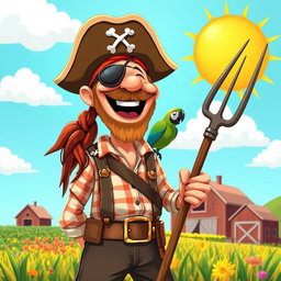 A whimsical scene of a pirate farmer laughing heartily in a sunny field