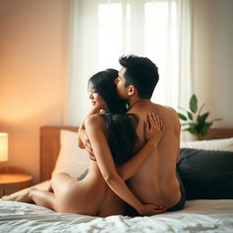 A romantic scene depicting a handsome 39-year-old Indonesian man with an athletic physique, lovingly hugging a beautiful 28-year-old woman with a curvaceous silhouette from behind