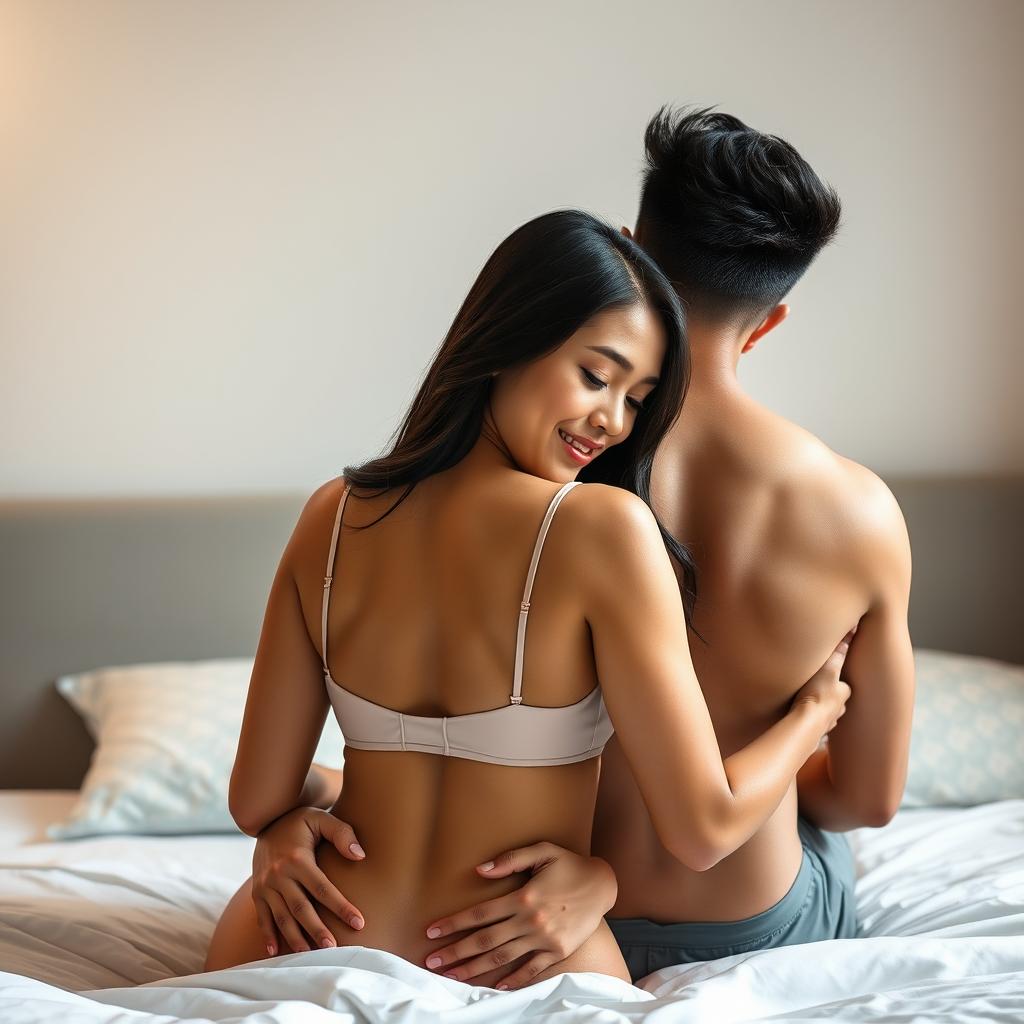 A romantic scene depicting a handsome 39-year-old Indonesian man with an athletic physique, lovingly hugging a beautiful 28-year-old woman with a curvaceous silhouette from behind