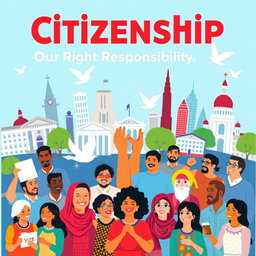 A vibrant and informative poster about citizenship, featuring a diverse group of people from various ethnic backgrounds engaged in community activities like voting, volunteering, and celebrating cultural heritage