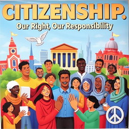 A vibrant and informative poster about citizenship, featuring a diverse group of people from various ethnic backgrounds engaged in community activities like voting, volunteering, and celebrating cultural heritage
