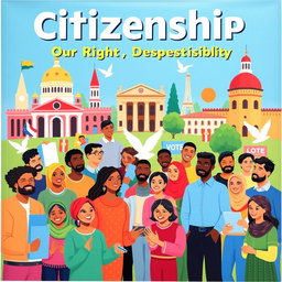 A vibrant and informative poster about citizenship, featuring a diverse group of people from various ethnic backgrounds engaged in community activities like voting, volunteering, and celebrating cultural heritage