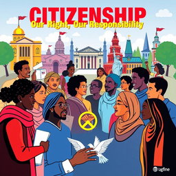 A vibrant and informative poster about citizenship, featuring a diverse group of people from various ethnic backgrounds engaged in community activities like voting, volunteering, and celebrating cultural heritage
