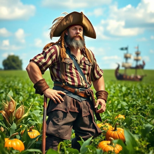 A medieval pirate farmer standing confidently in a lush, green field