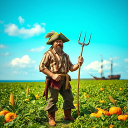 A medieval pirate farmer standing confidently in a lush, green field