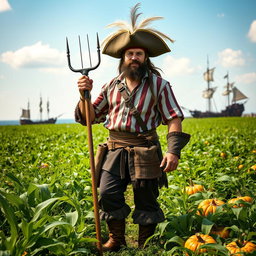 A medieval pirate farmer standing confidently in a lush, green field