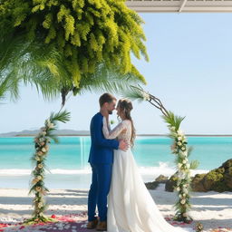 A beautiful wedding ceremony happening in the gorgeous setting of Cairns, Australia. The bride and groom are standing under a floral arch, the turquoise ocean providing a stunning backdrop.