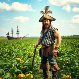 A medieval pirate farmer standing confidently in a lush, green field