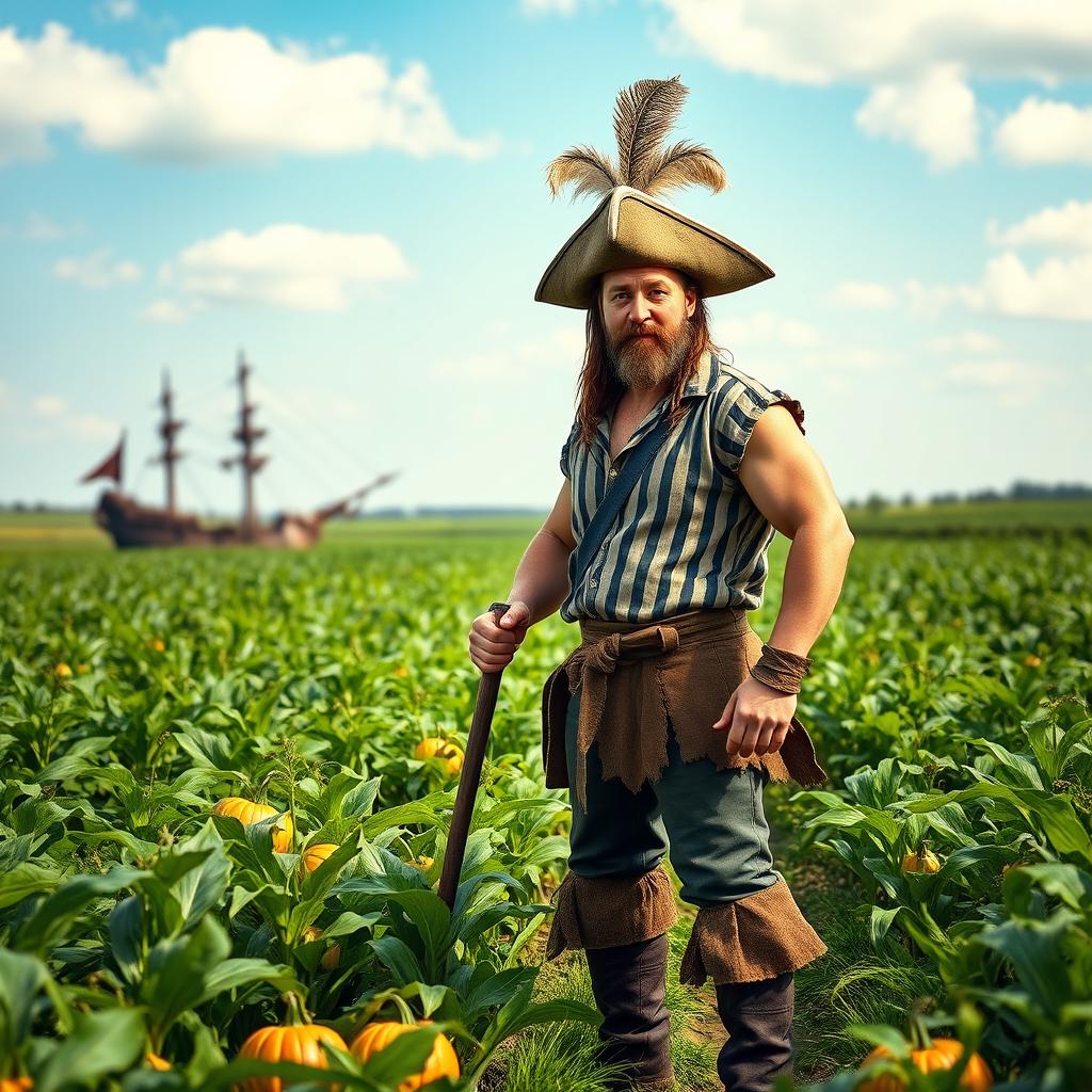 A medieval pirate farmer standing confidently in a lush, green field