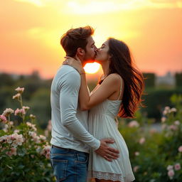 A romantic scene featuring two adults passionately kissing each other in a soft, serene setting
