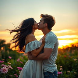 A romantic scene featuring two adults passionately kissing each other in a soft, serene setting