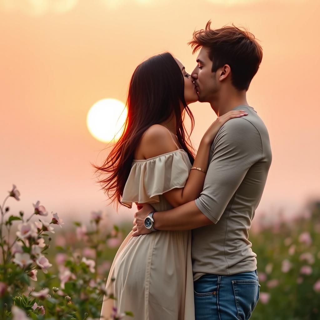 A romantic scene featuring two adults passionately kissing each other in a soft, serene setting