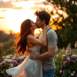 A romantic scene featuring two adults passionately kissing each other in a soft, serene setting