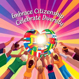 A vibrant and inspiring poster about citizenship, featuring diverse individuals holding hands around the globe, symbolizing unity and collaboration