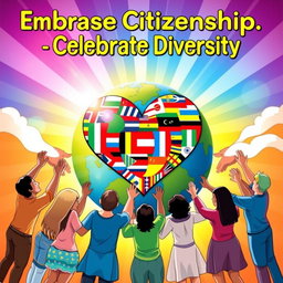 A vibrant and inspiring poster about citizenship, featuring diverse individuals holding hands around the globe, symbolizing unity and collaboration
