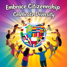A vibrant and inspiring poster about citizenship, featuring diverse individuals holding hands around the globe, symbolizing unity and collaboration