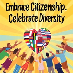 A vibrant and inspiring poster about citizenship, featuring diverse individuals holding hands around the globe, symbolizing unity and collaboration