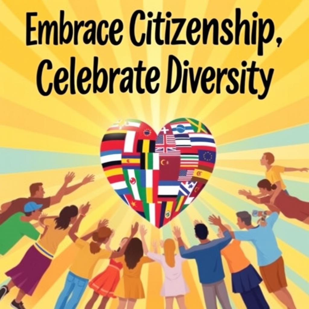 A vibrant and inspiring poster about citizenship, featuring diverse individuals holding hands around the globe, symbolizing unity and collaboration