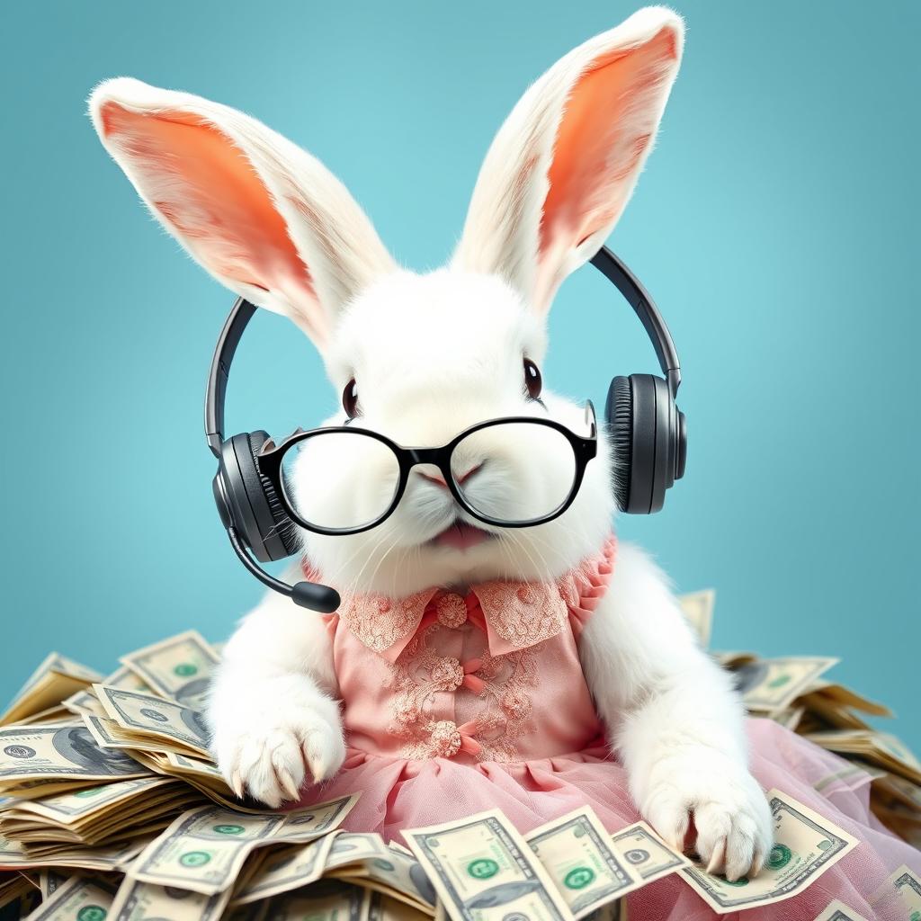 A realistic white rabbit wearing headphones typically used by call center operators and glasses