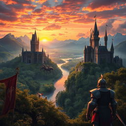 A fantastical background for a novel cover set in a grand kingdom, featuring majestic castles with towering spires, lush green landscapes, and a serene river flowing through the scene