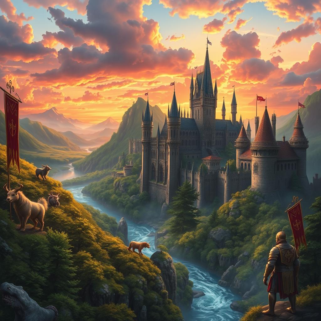 A fantastical background for a novel cover set in a grand kingdom, featuring majestic castles with towering spires, lush green landscapes, and a serene river flowing through the scene