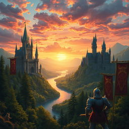 A fantastical background for a novel cover set in a grand kingdom, featuring majestic castles with towering spires, lush green landscapes, and a serene river flowing through the scene