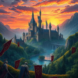A fantastical background for a novel cover set in a grand kingdom, featuring majestic castles with towering spires, lush green landscapes, and a serene river flowing through the scene