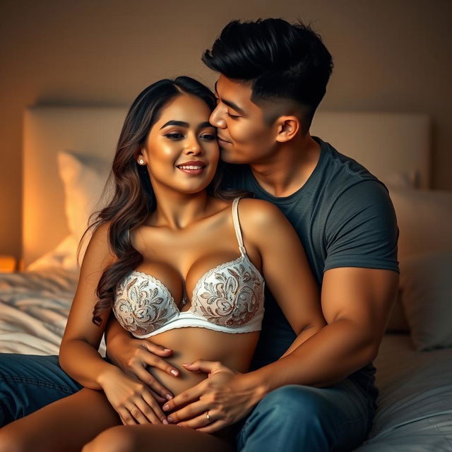 A tender and romantic scene featuring a handsome 39-year-old Indonesian man with an athletic physique, embracing a beautiful 28-year-old woman whose curvy body radiates sensuality