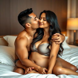 A tender and romantic scene featuring a handsome 39-year-old Indonesian man with an athletic physique, embracing a beautiful 28-year-old woman whose curvy body radiates sensuality