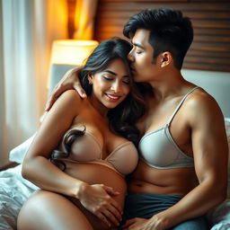 A tender and romantic scene featuring a handsome 39-year-old Indonesian man with an athletic physique, embracing a beautiful 28-year-old woman whose curvy body radiates sensuality