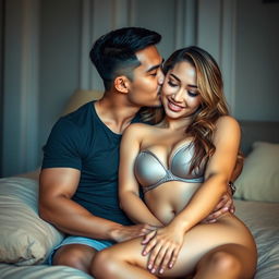 A tender and romantic scene featuring a handsome 39-year-old Indonesian man with an athletic physique, embracing a beautiful 28-year-old woman whose curvy body radiates sensuality