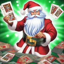 Santa Claus dressed in Yu-Gi-Oh themed attire, wielding a deck of holiday themed dueling cards.