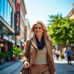 A beautiful woman aged 40, strolling gracefully along a bustling city street