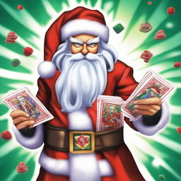 Santa Claus dressed in Yu-Gi-Oh themed attire, wielding a deck of holiday themed dueling cards.