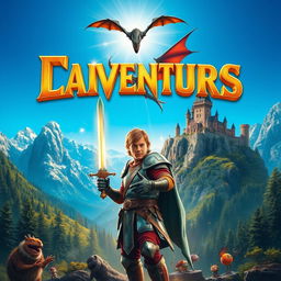 A vibrant and colorful film poster featuring a fantasy adventure theme, showcasing a mystical landscape with towering mountains and lush forests