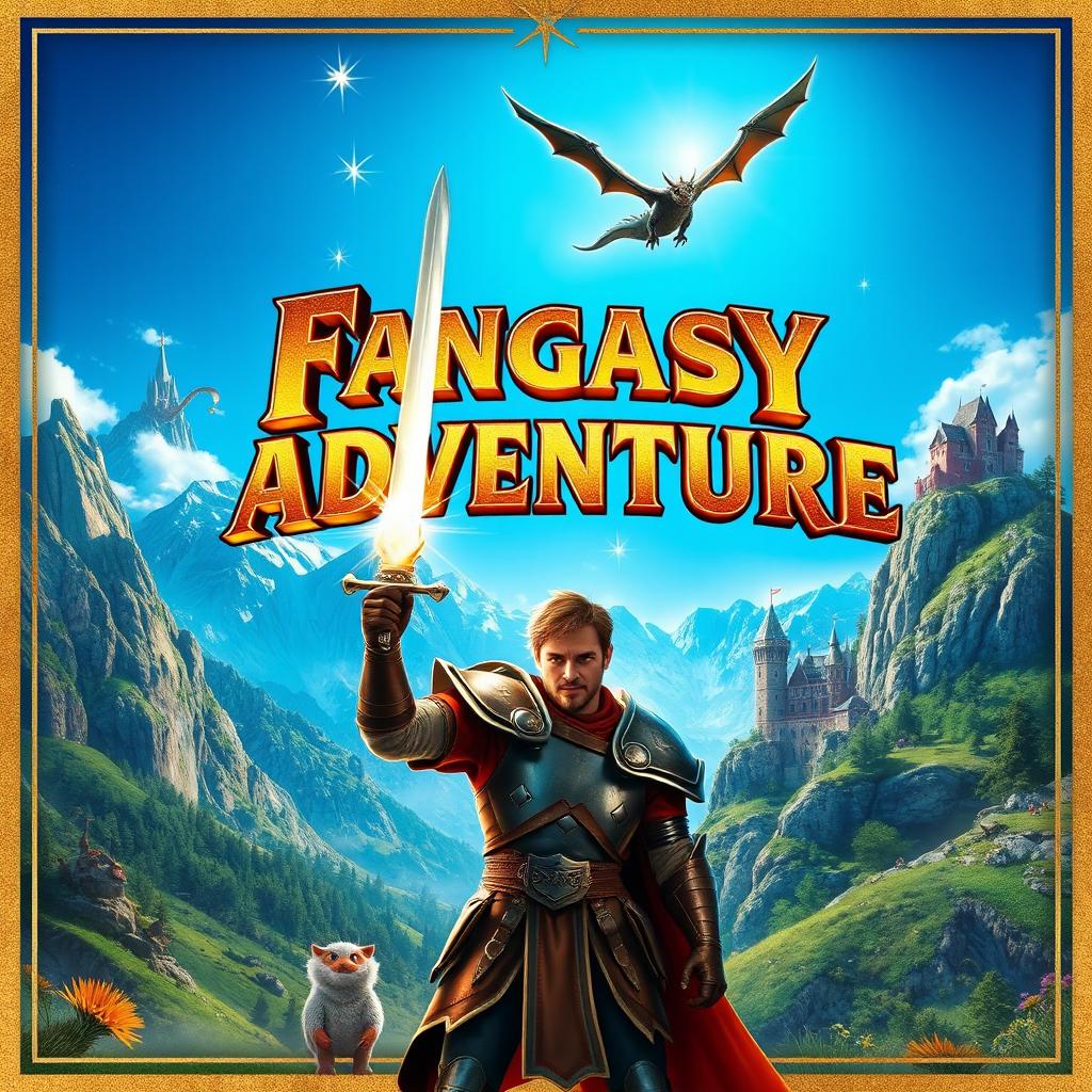 A vibrant and colorful film poster featuring a fantasy adventure theme, showcasing a mystical landscape with towering mountains and lush forests